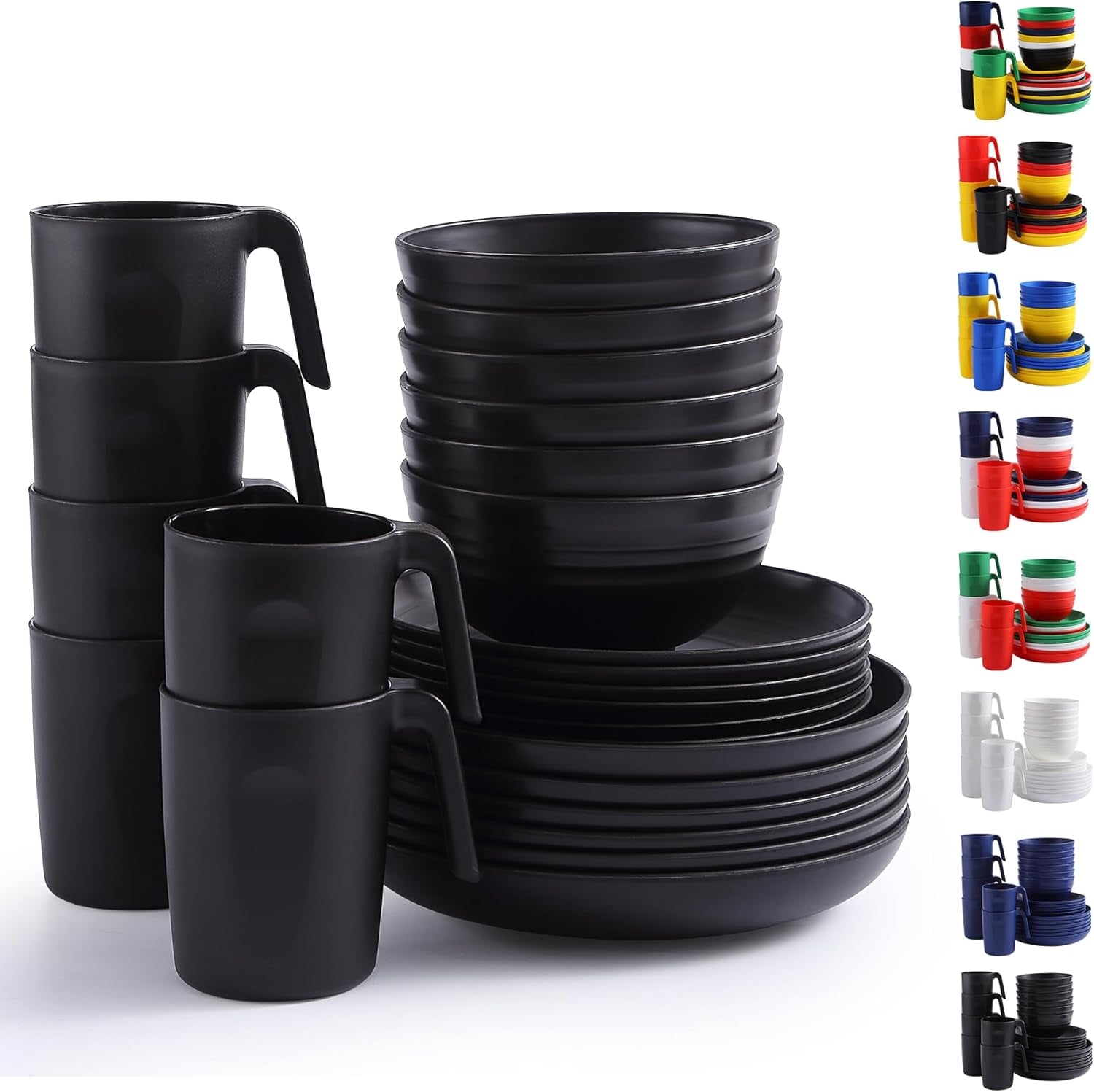 Berglander Black Plastic 24-delat servisset för 6 återanvändbara tallrikar och skålar, inklusive mattallrikar, desserttallrikar, spannmålsskålar och koppar för hem, trädgård och picknick
