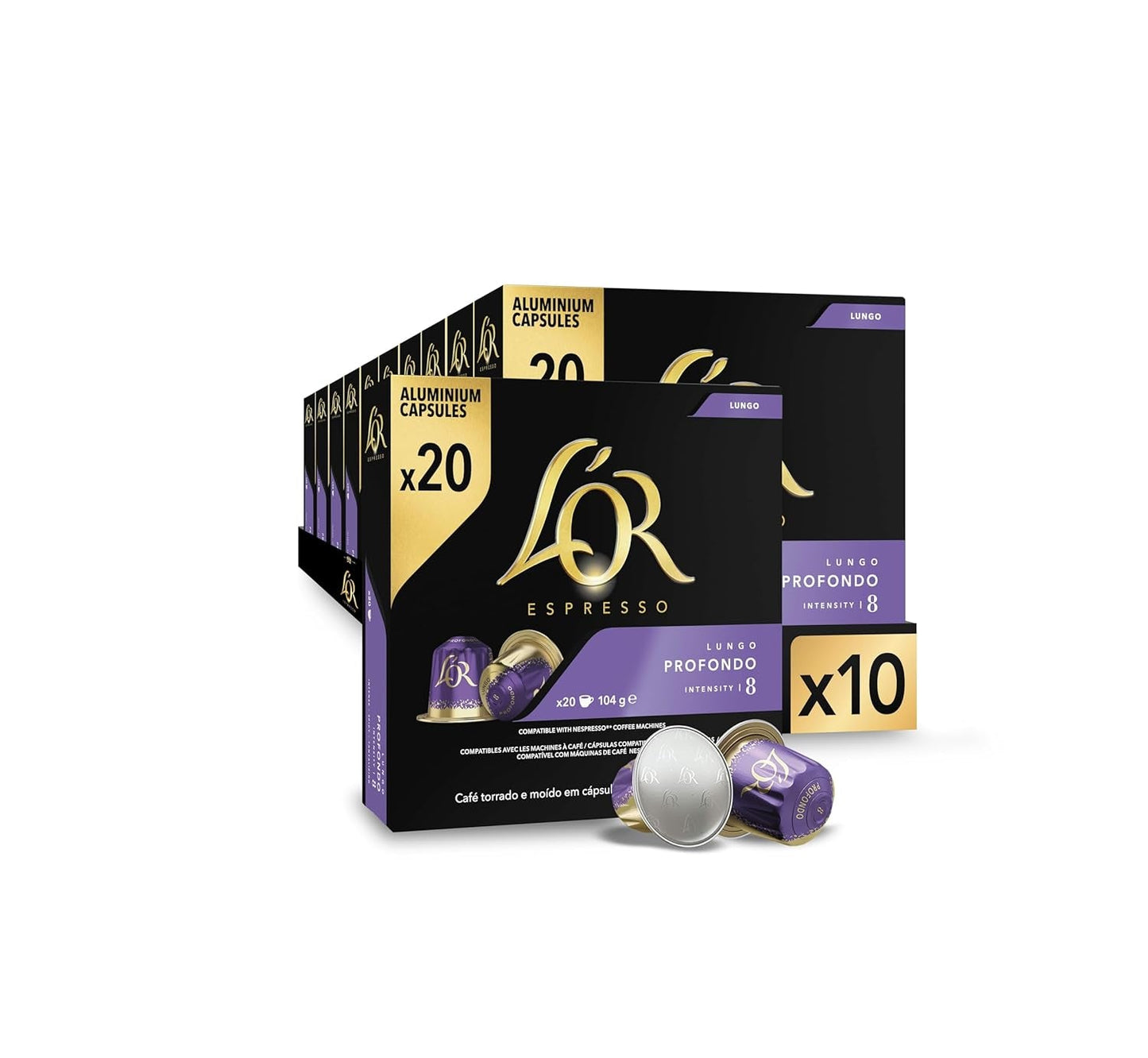L'OR Espresso Koffiekoppar Lungo Profondo (200 Lungo Koffie Kapslar, Gesicht voor Nespresso* Koffiemaskiner, Intensitet 08/12, 100 % Arabica Koffie, UTZ Gecertificeerd), 10 x 20 koppar