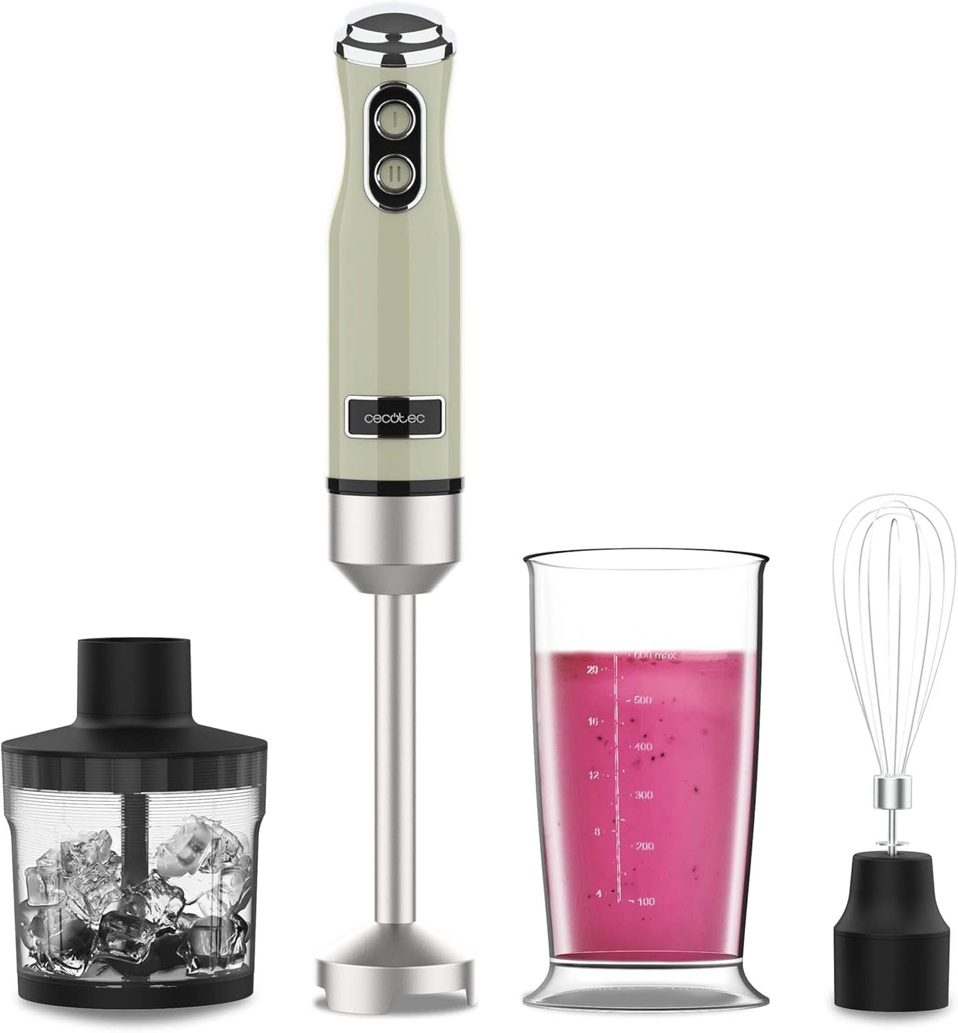 Cecotec Stabmixer Power Retrogreen 1200MAX Cream&Crush, Maximalleistung 1200 W, Crossblades-Technology, 2 Speeds, Zubehörset Spülmaschinenfest, Spritzschutzhaube Kitchen Naty Shop