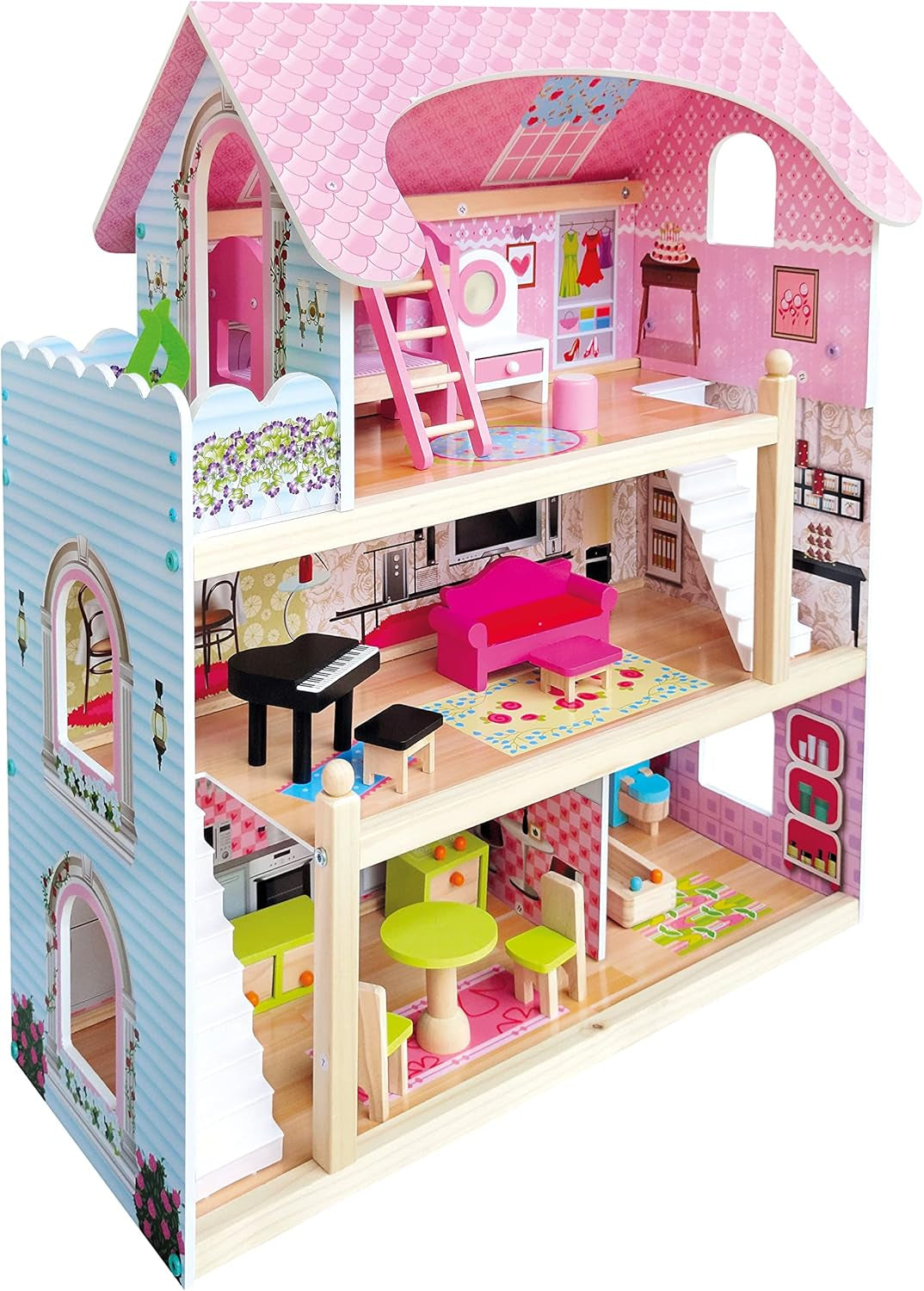 Bino World of Toys Dockhus med balkong, Leksak för småbarn från 3 år, med 3 våningar, trappor, 4 rum och balkong inkl. 15-TLG. Tillbehör, För att främja barns färdigheter, Rosa design Naty Shop dockskåp
