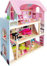 Bino World of Toys Dockhus med balkong, Leksak för småbarn från 3 år, med 3 våningar, trappor, 4 rum och balkong inkl. 15-TLG. Tillbehör, För att främja barns färdigheter, Rosa design Naty Shop dockskåp
