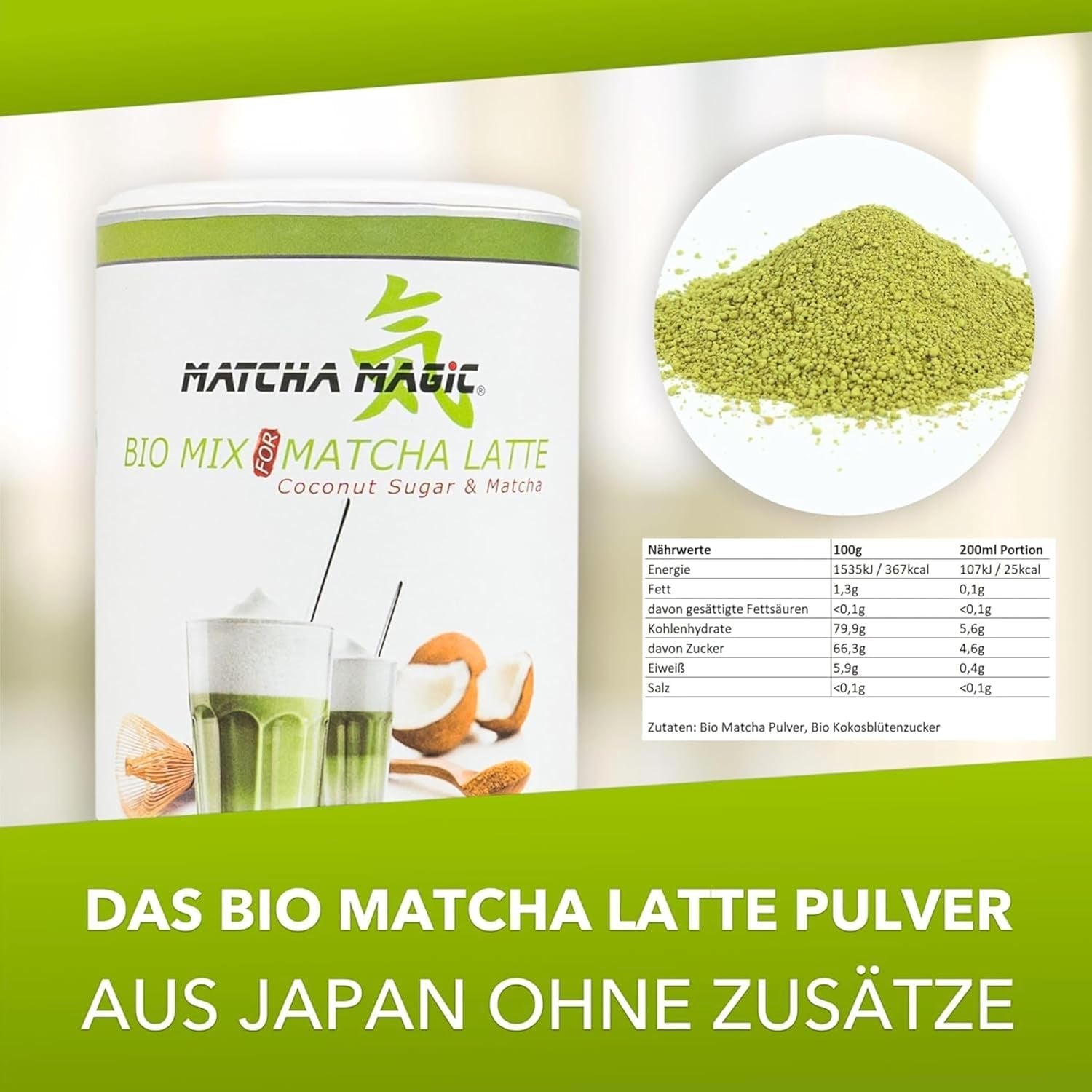 Matchamagic - Ekologiskt matcha lattepulver från Japan med kokosblomsocker för ett utsökt te
