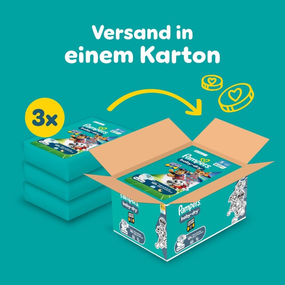 Pampers Baby-Dry Puppy Patrol Edition blöjor, storlek 5, 186 blöjor, 11 kg - 16 kg, upp till 100 % läckageskydd och komfort hela natten