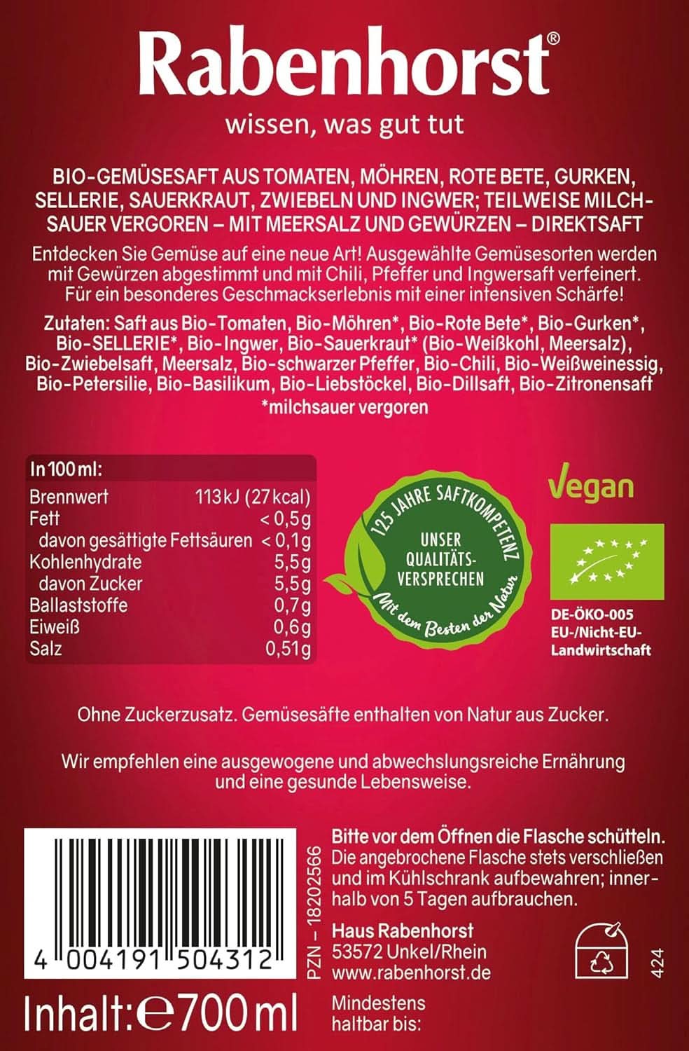 RABENHORST (6 x 700 ml) - Högkvalitativ grönsaksjuice från olika grönsaker med en intensiv kryddig smak Alkoholfria drycker Naty Shop