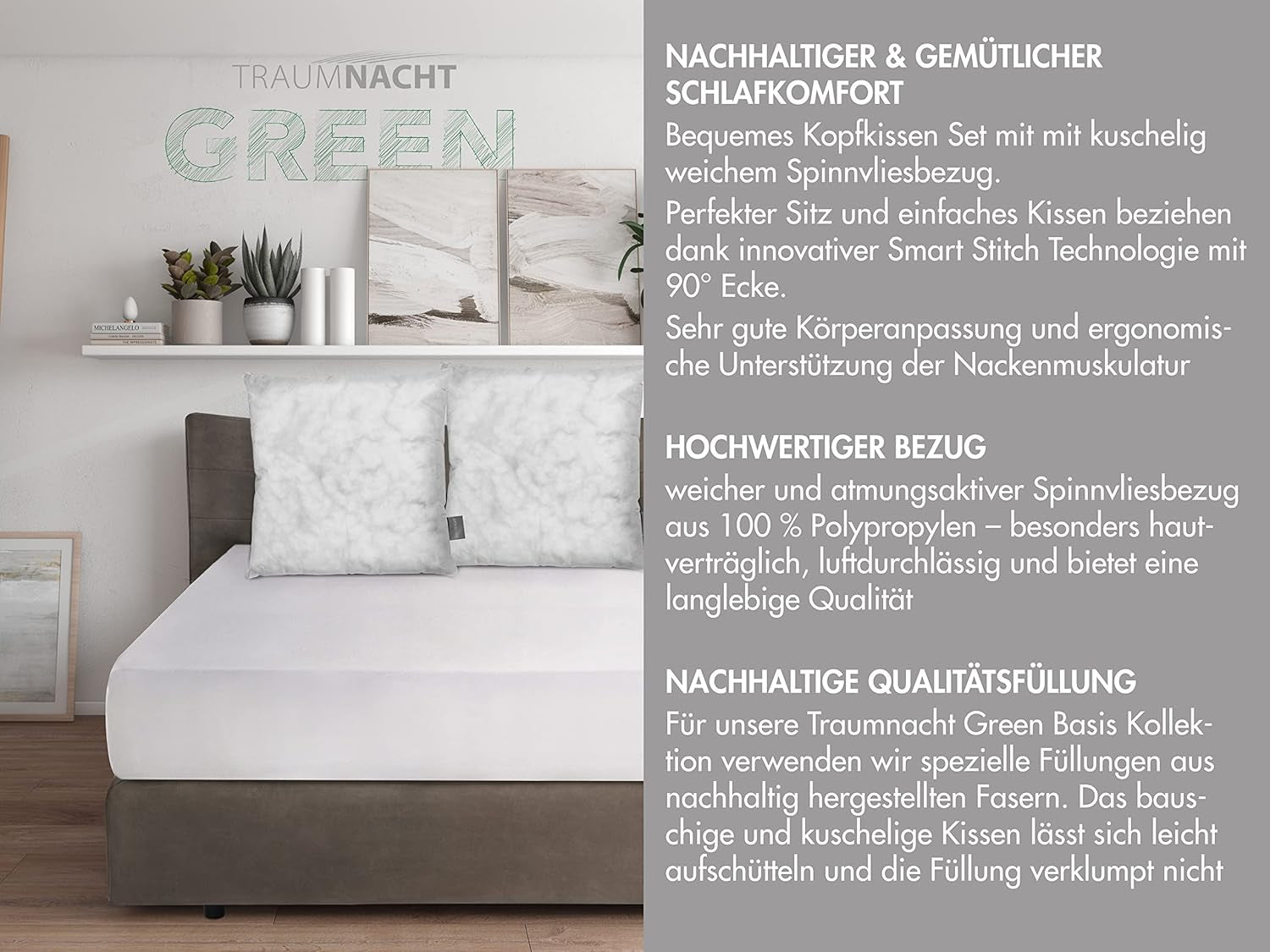 Traumnacht Green Basic Kuddset bestående av två kuddar 80 X 80 Cm, Oeko-Tex certifierade, tillverkade enligt tysk kvalitetsstandard Naty Shop standardkuddar