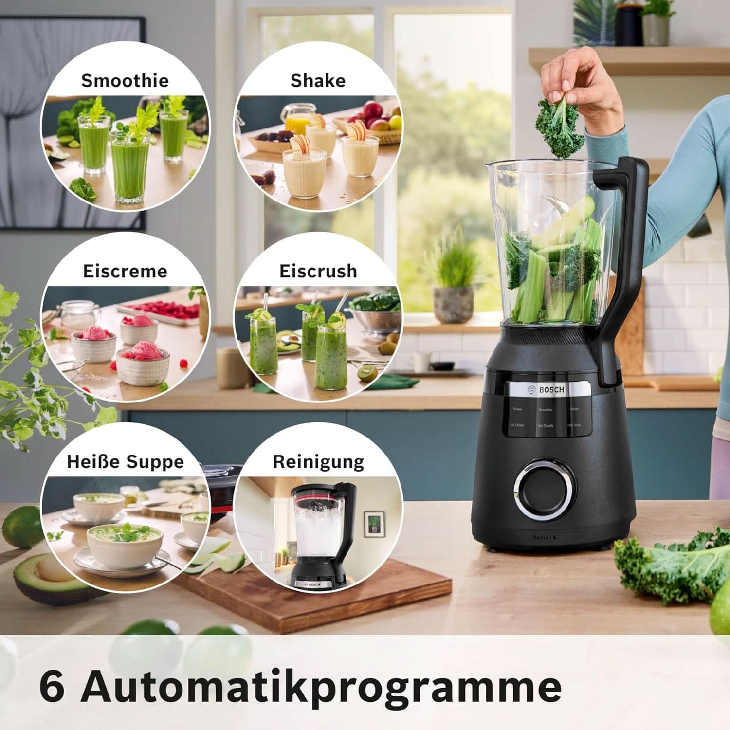 Highspeed-Standmixer Vitapower Serie 6 MMBD665B1, 45 000 U/Min, 6 Program Inkl Heiße Suppe & Reinigung, 2 L Mixbehälter, Stopfer, Spülmaschinenfeste Teile, Made in Europe, 1800W, Schwarz Kitchen Naty Shop