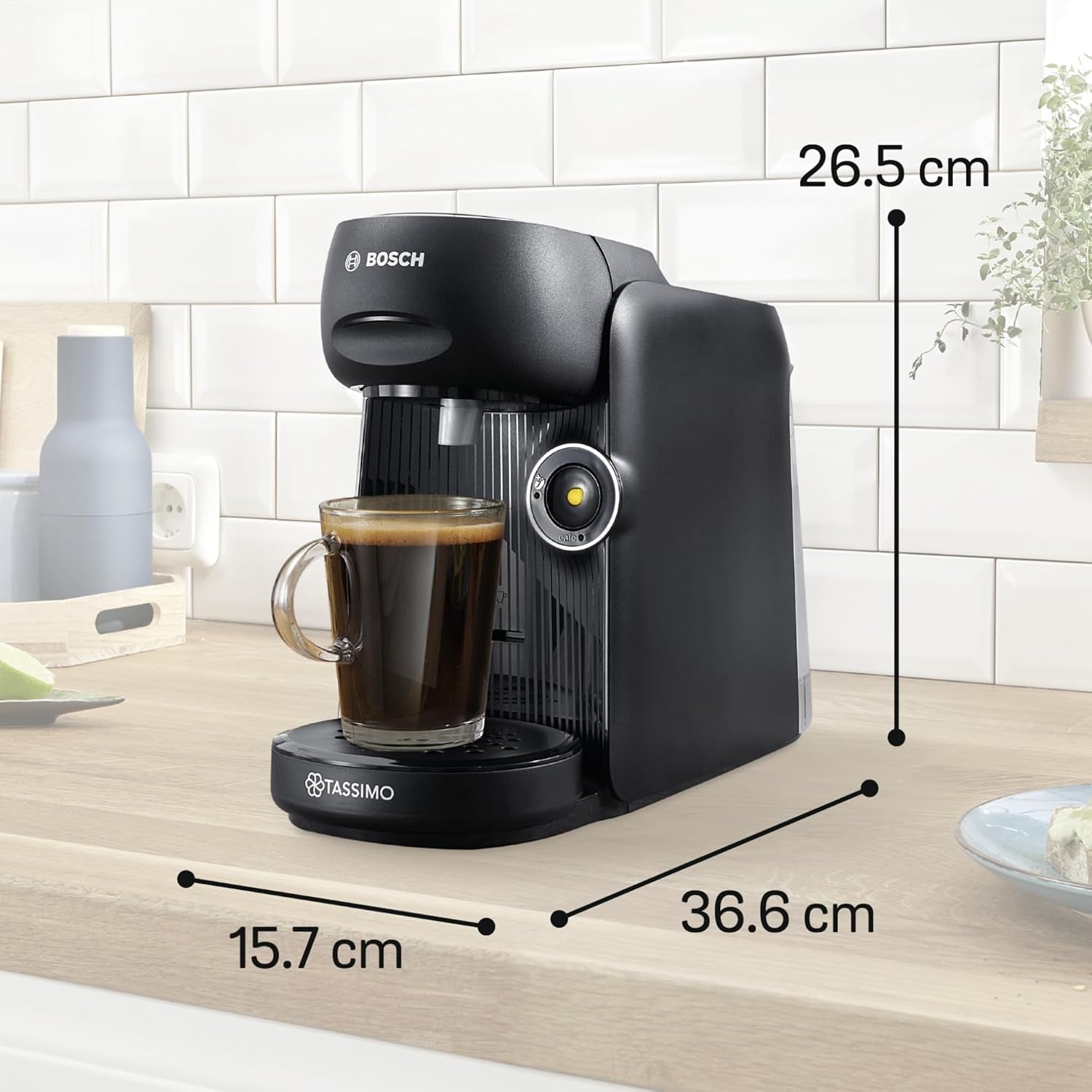 Bosch Tassimo finess TAS162E kapselespressomaskin, 70 drycker, intensivare kaffe med en knapptryckning, automatisk avstängning, hållbar, perfekt dosering, 1400 W, svart/svart