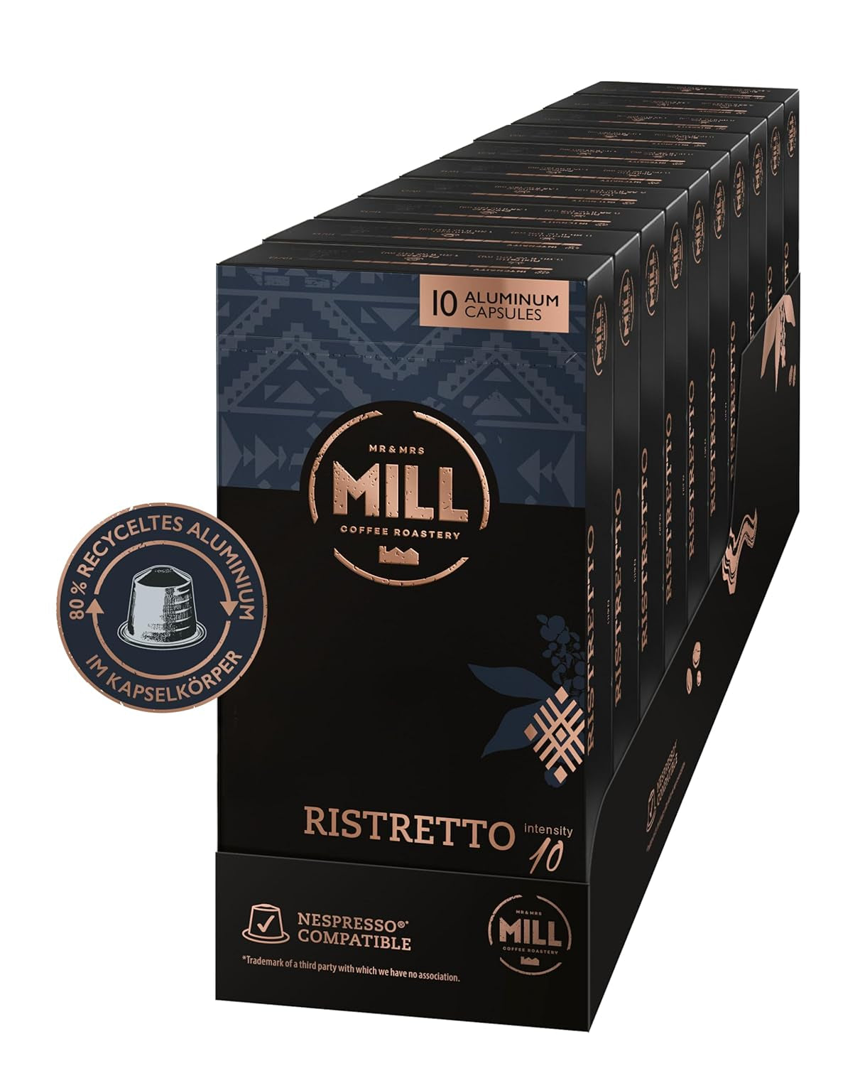 Kaffeekapseln Ristretto, 100 Kapseln für Kapselmaschinen (10x10), 80% återvunnet aluminium i Kapselkörper