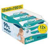 Pampers 99% vatten babyservetter, 12 förpackningar med 60 torkdukar vardera = 720 babyservetter, lätt lotion 99% vatten