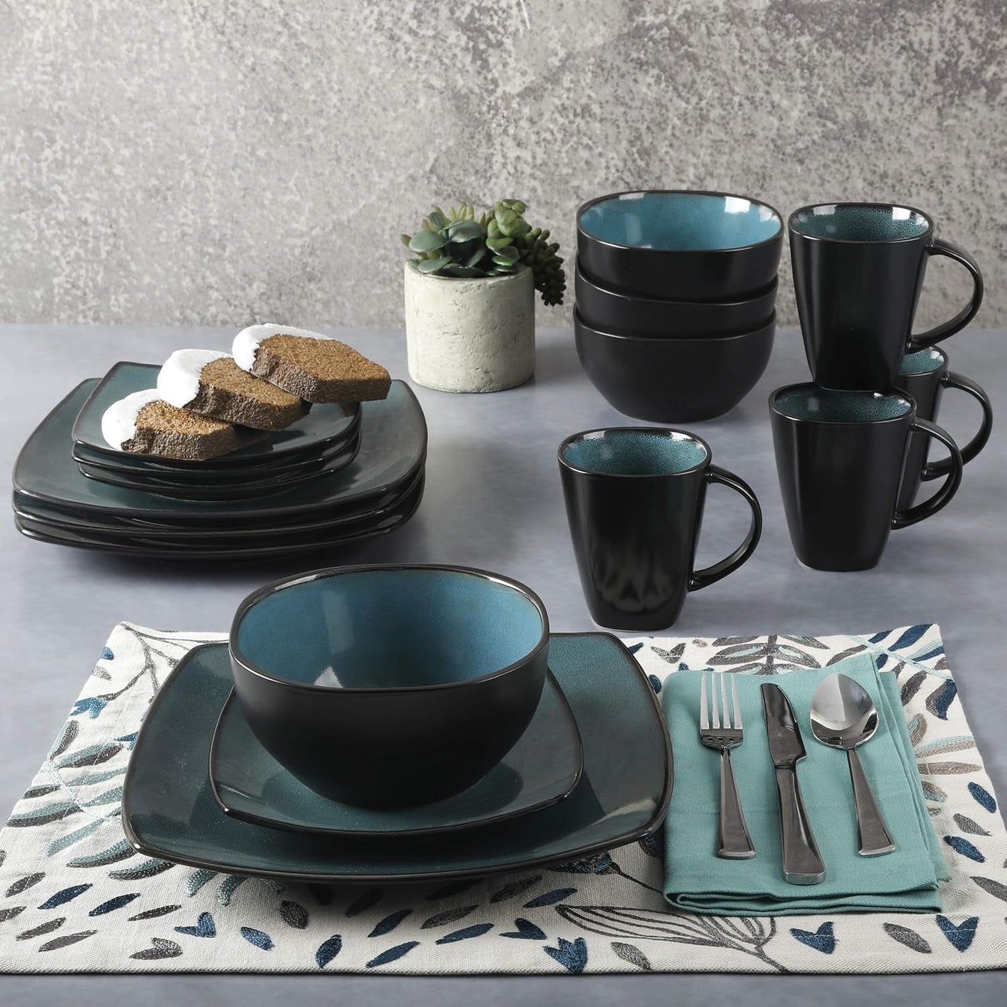 Gibson 99813.16R Elite Soho Lounge Reactive Glaze 4-personers servisset, 16 delar, blågrön/svart tvåfärgad effekt