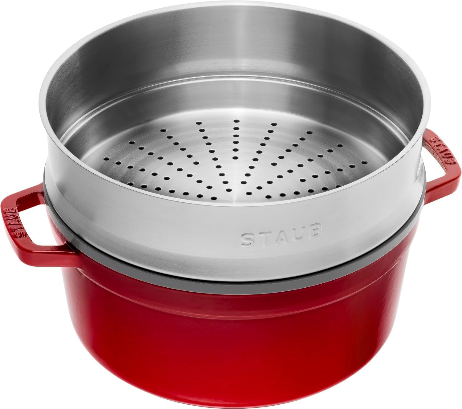 STAUB Gusseisen Bräter/Cocotte, Mit Dämpfeinsatz Aus Edelstahl, Rund 26 Cm, 5,2 L, Aromaregen Funktion Für Optimale Befeuchtung, Für Alle Herdarten Inkl. Induktion & Backofen, Kirschrot, Rot Formar och plåtar för bakning Naty Shop