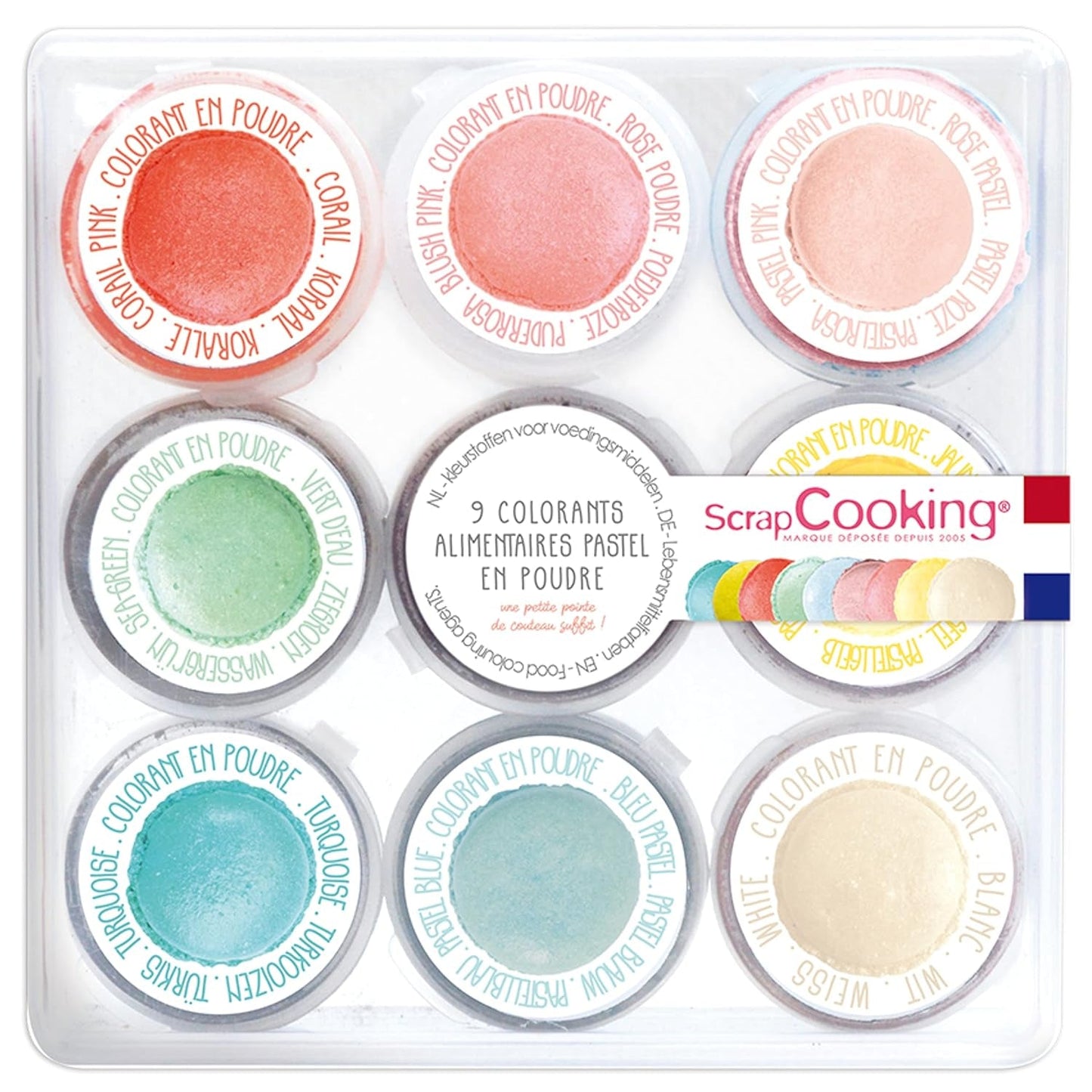 Scrapcooking - Set med 9 pastellfärger - blå, gul, korall, rosa, turkos, limegrön, vit, vattengrön, pulverrosa - Ätbart färgpulver för kakor, muffins, macarons - 4272