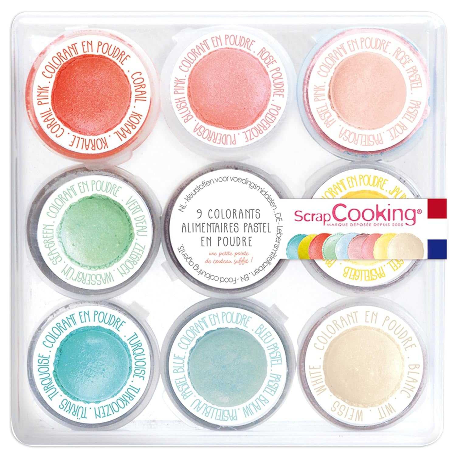 Scrapcooking - Set med 9 pastellfärger - blå, gul, korall, rosa, turkos, limegrön, vit, vattengrön, pulverrosa - Ätbart färgpulver för kakor, muffins, macarons - 4272