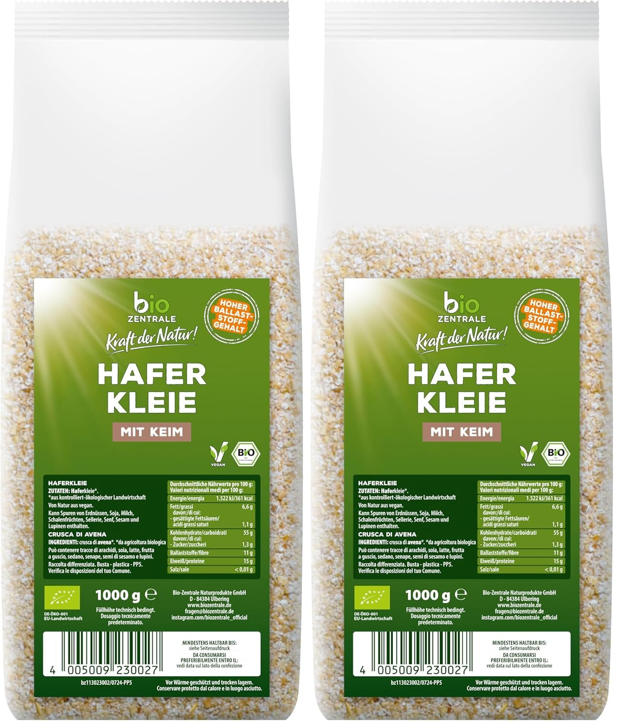 Biocentral ekologisk havrekli 1 kg | Fördelaktigt paket | Proteinkälla med hög fiber | Naturligt vegansk | Från EU:s jordbruk | Lågt sockerinnehåll