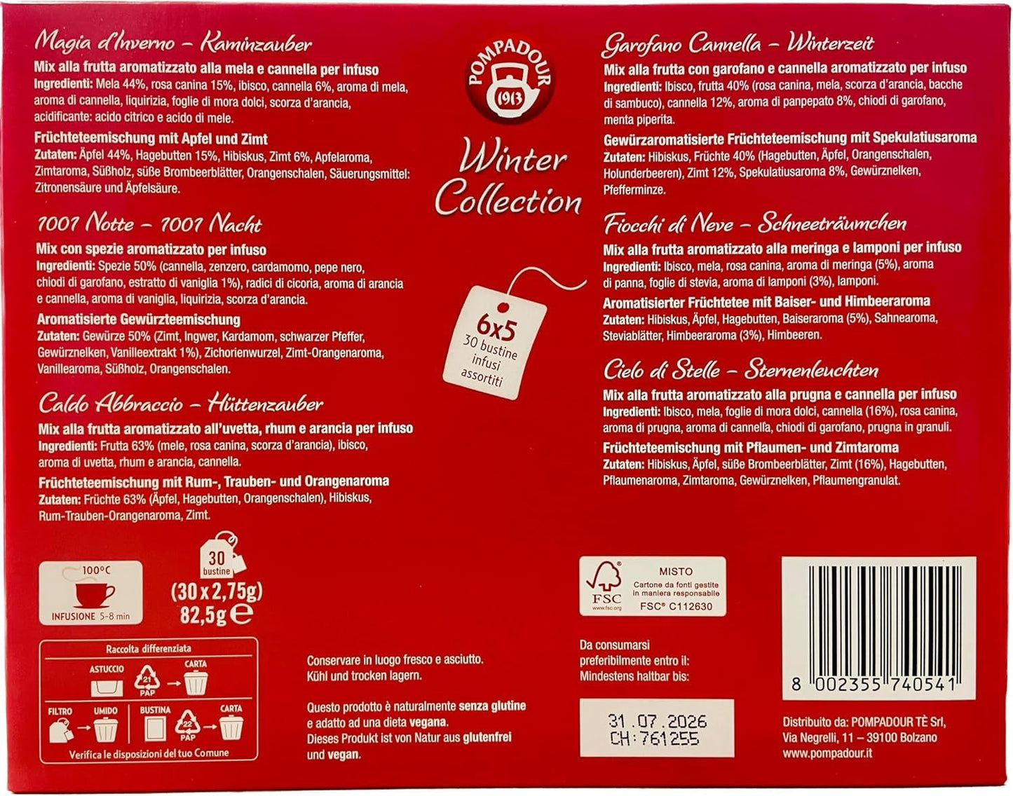 Pompadour 1913 vinterkollektion sortiment av koffeinfria frukt- och örtteer - 1 x 30 tepåsar (82,5 gram)