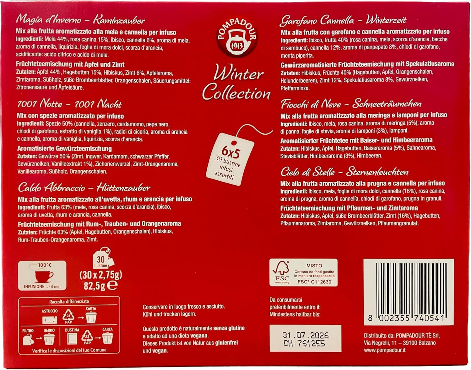 Pompadour 1913 vinterkollektion sortiment av koffeinfria frukt- och örtteer - 1 x 30 tepåsar (82,5 gram)
