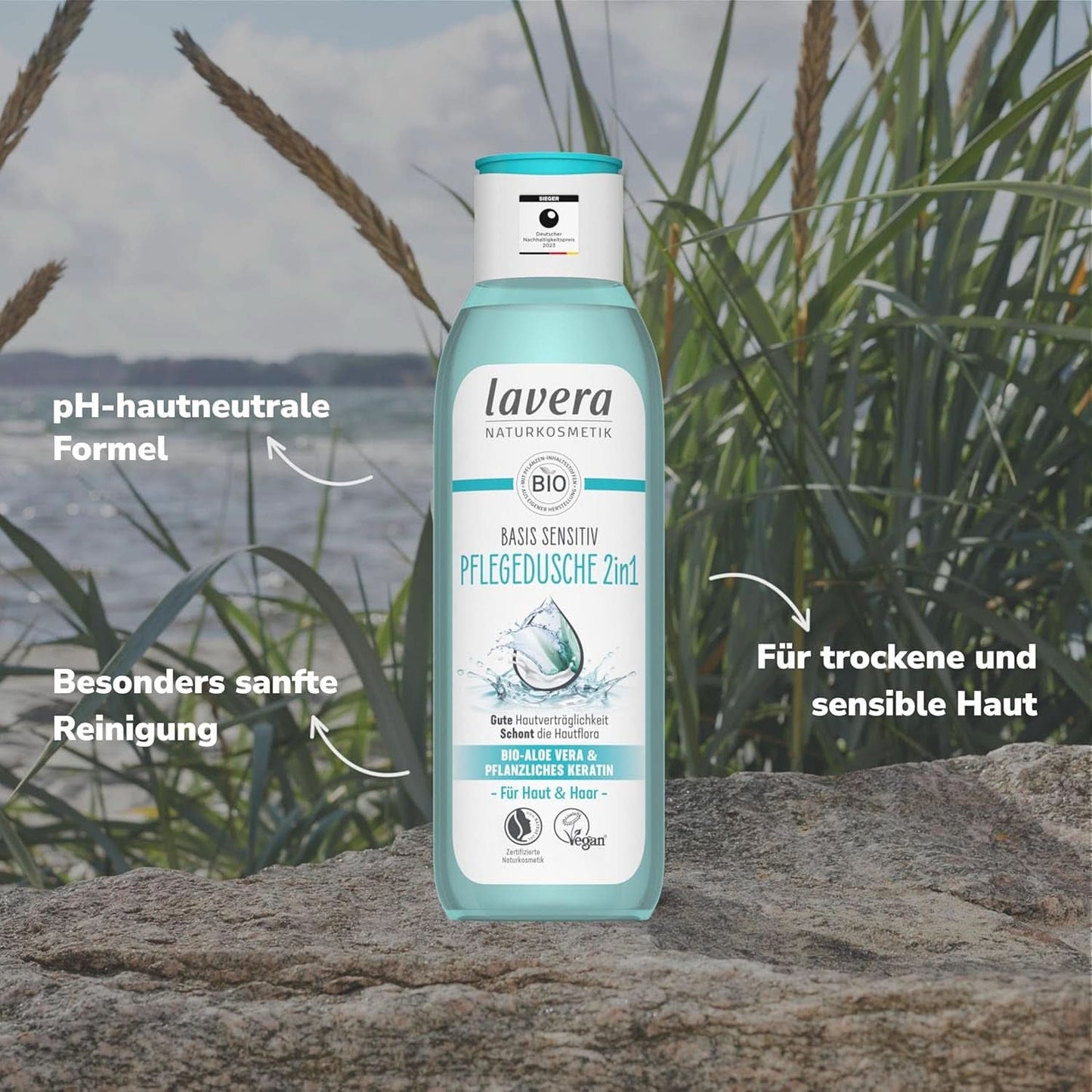 Lavera Care Basis Sensitiv 2 i 1, schampo och duschgel med ekologisk aloe vera och vegetabilisk keratin, 250 ml dusch och bad Naty Shop