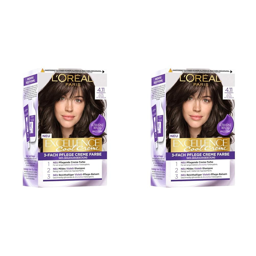L'Oréal Paris Permanent hårfärgning med färgresultat, 100% täckning av grått hår, satt med färg, schampo och vårdkräm, Excellence Cool Creme, nr. 4.11 Ultra Cool Medium Brown (Brun) Naty Shop Hair Dye Standardtitel