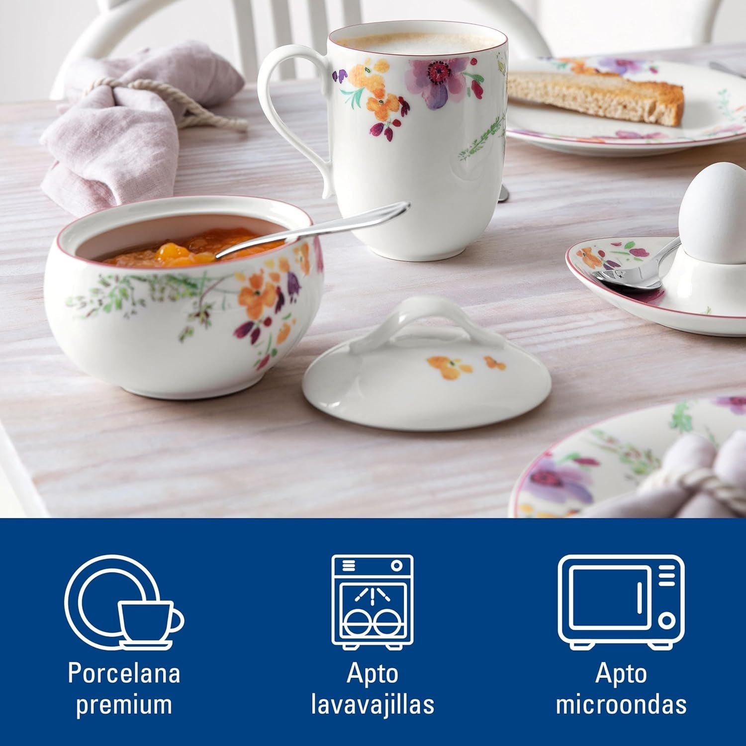 Villeroy & Boch - Mariefleur sockerskål, olika färger, diskmaskinssäker, mikrovågssäker, sockerskål med lock, sockerskål, förvaring, kaffetillbehör, blommig servis, premiumporslin