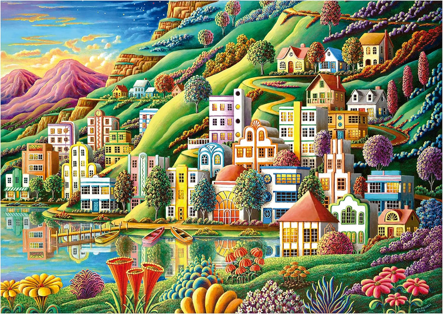 Educa - Pussel 500 bitar för vuxna | Färgglad by vid sjön, 500-bitars pussel för vuxna och barn från 11 år, landskapspussel, illustration (19552) Puzzle Naty Shop