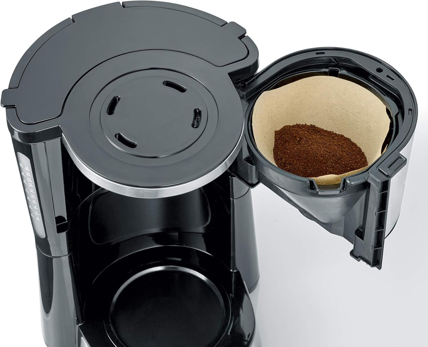 SEVERIN "TypeSwitch" espressomaskin med glaskaraff och timer, AromaSwitch för att välja 2 bryggalternativ, digital klocka med timerfunktion, för upp till 10 koppar, 1000W, borstat rostfritt stål-svart, KA 4826