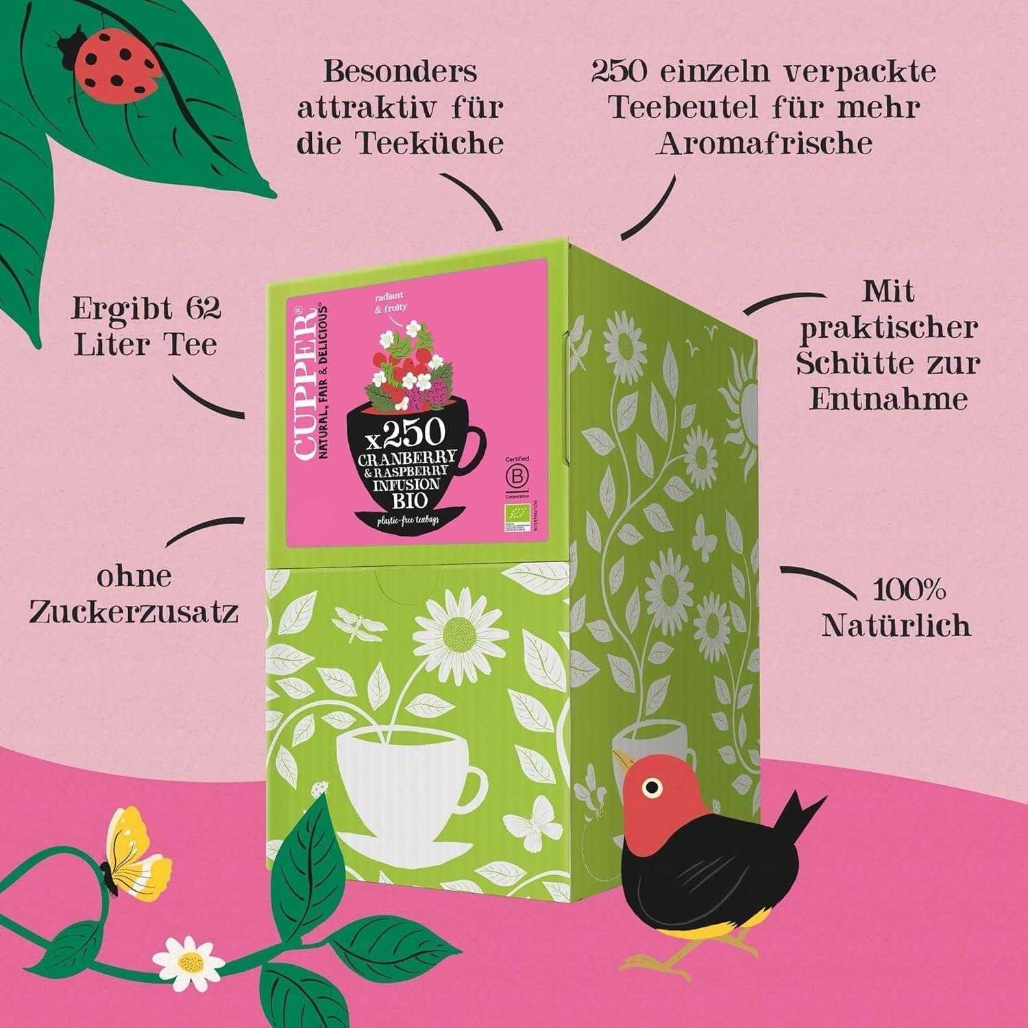 Cupper Ekologisk fruktte Tranbär Hallon | Hallon te | 250 oblekta tepåsar | Big Pack | Perfekt för kontoret | Ekologisk | Rättvis handel