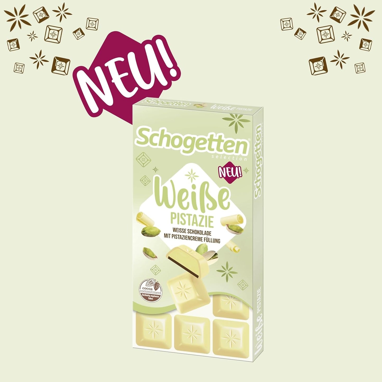 Schogetten Vit Pistasch | Vit choklad med pistagekrämfyllning | 100 g | Bekvämt portionerad (paket med 3)