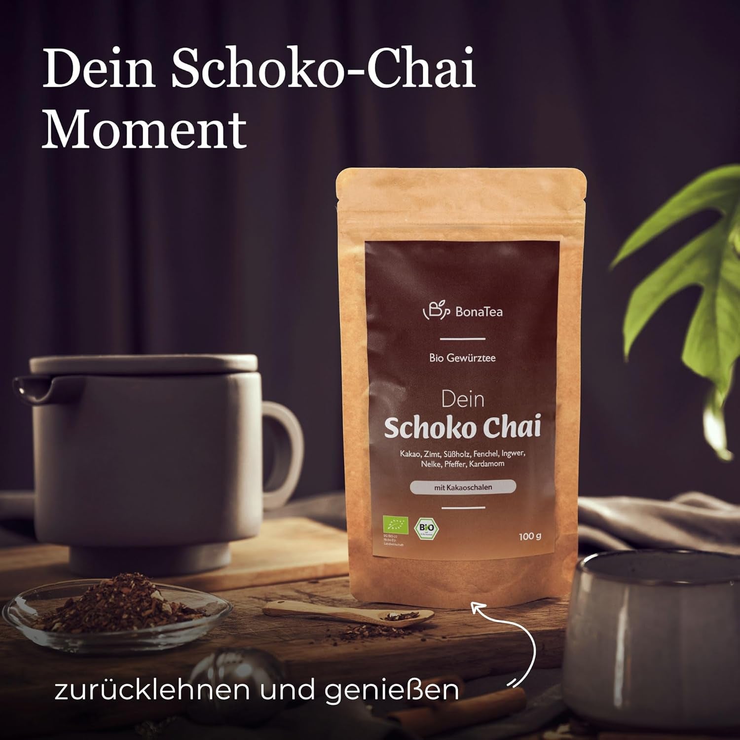 BIO Schoko Chai kryddat te utan socker, med kakaoskidor, kanel, lakrits och andra aromatiska Chai-kryddor, 100 g