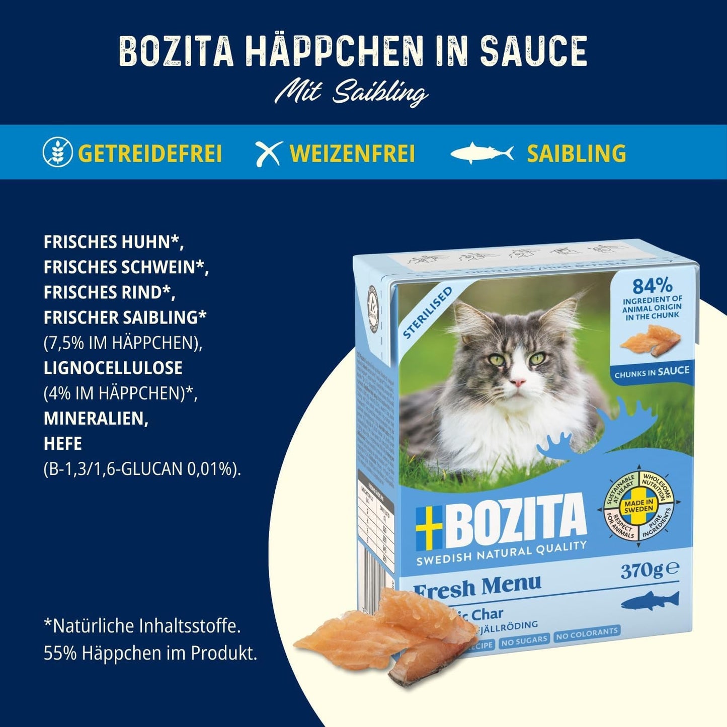 Bozita Tetra Steriliserade bitar i kolsås - 6 x 370g Spannmålsfritt och sockerfritt våtfoder för katter - icke-GMO, med 8,5% protein och 4,5% fett - hög kvalitet och extremt välsmakande