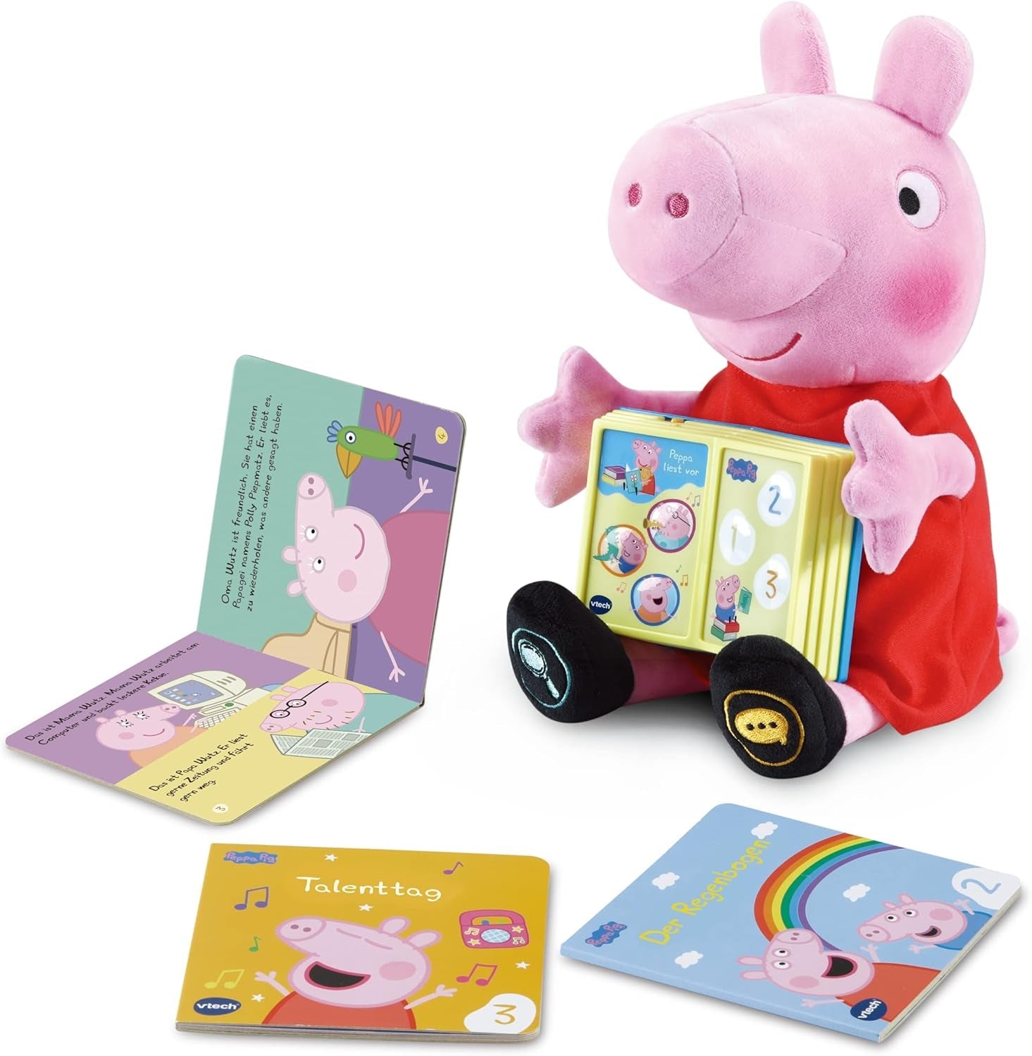 Vtech Peppa Read Aloud - Interaktiv plysch Peppa Wutz som läser böcker högt - 3 miniböcker ingår - Med 20 låtar och ljudeffekter - För barn i åldrarna 2-5 Bebe Naty Shop Toys Standardtitel