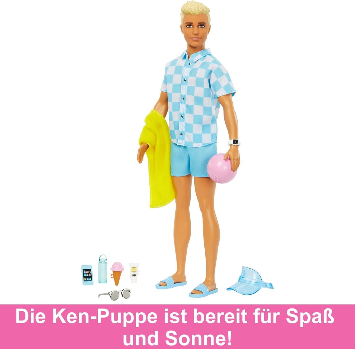 Barbie Ken - Blond docka med blå skjorta och badförkläde, strandtillbehör och badboll för kreativ lek, från 3 år och uppåt, HPL74