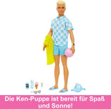 Barbie Ken - Blond docka med blå skjorta och badförkläde, strandtillbehör och badboll för kreativ lek, från 3 år och uppåt, HPL74