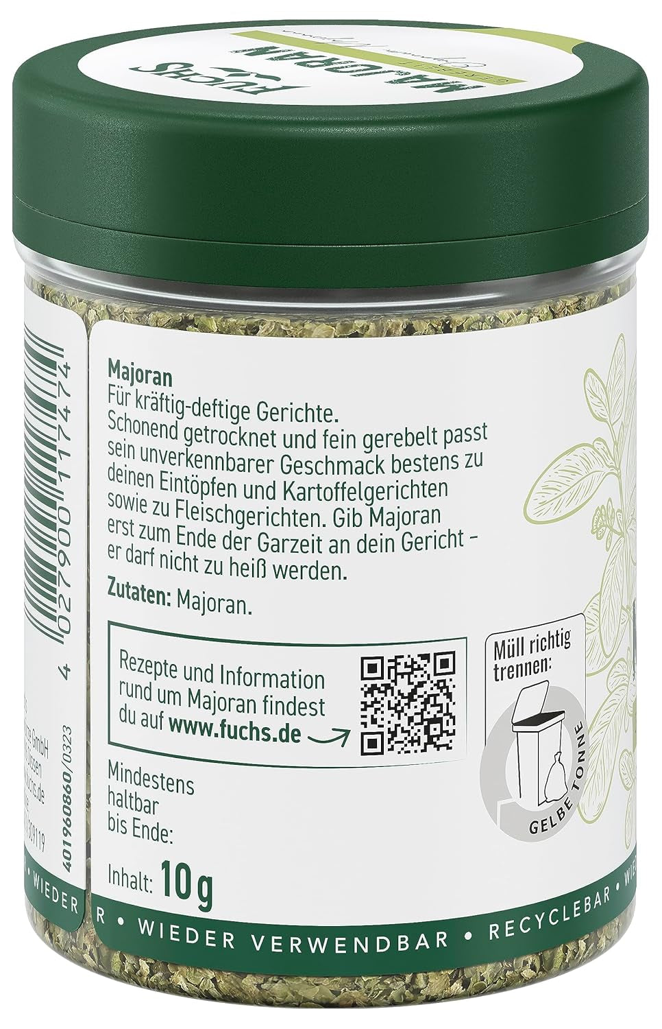 Fuchs Gewürze - Mejram gerebelt - zum Würzen von Kartoffelgerichten, Fleischgerichten eller Eintöpfen - naturliga ingredienser - 10 g i wiederverwendbarer, recyclebarer Dos