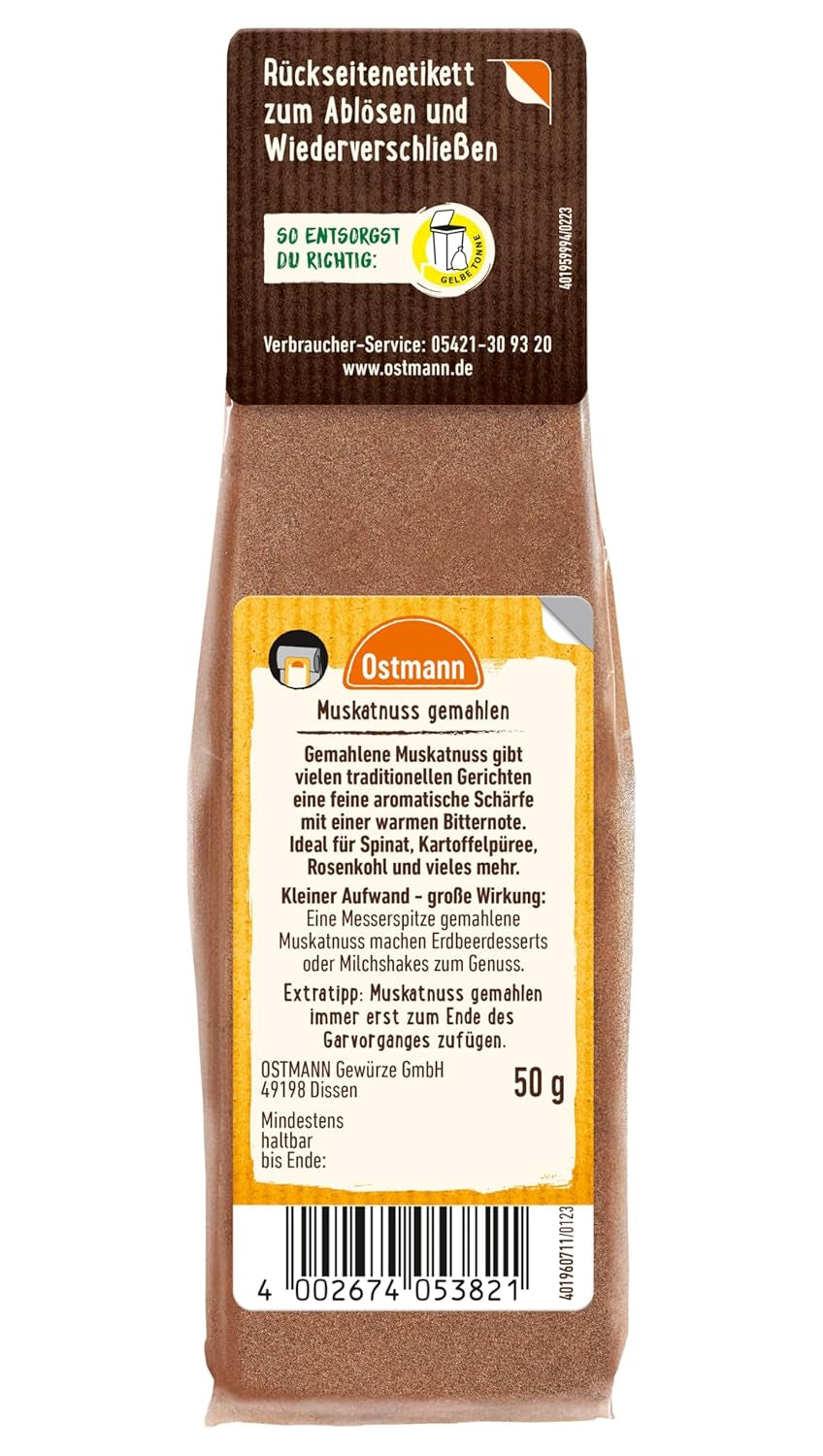 Ostmann Gewürze - Muskatnuss gemahlen | Idealisk för att tillföra smak till potatisrätter Zum Nachfüllen der Streudose | 50 g återförslutningsbar påse