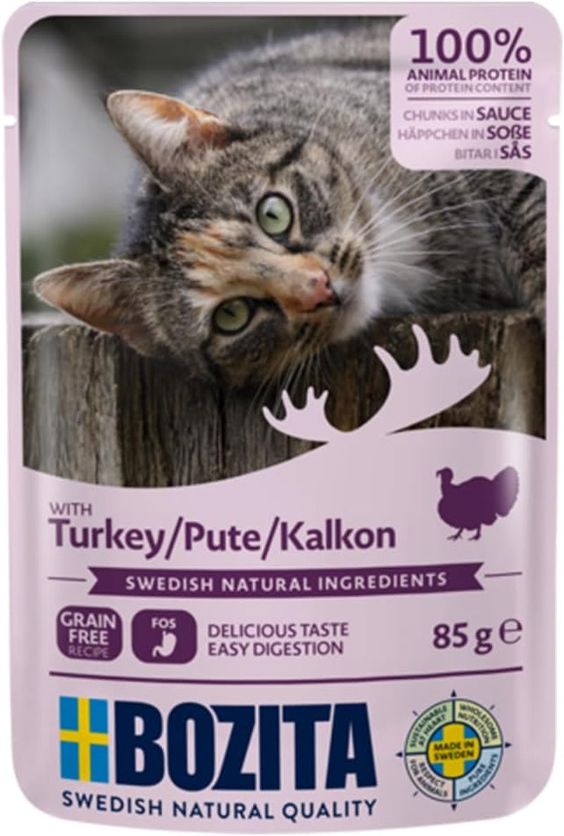 Bozita påse våtfoder med bitar i sås och kalkon - 12 portionspåsar x 85 g spannmåls- och vetefritt kattfoder - våtfoder för vuxna katter med 8,5 % protein och 4,5 % fett