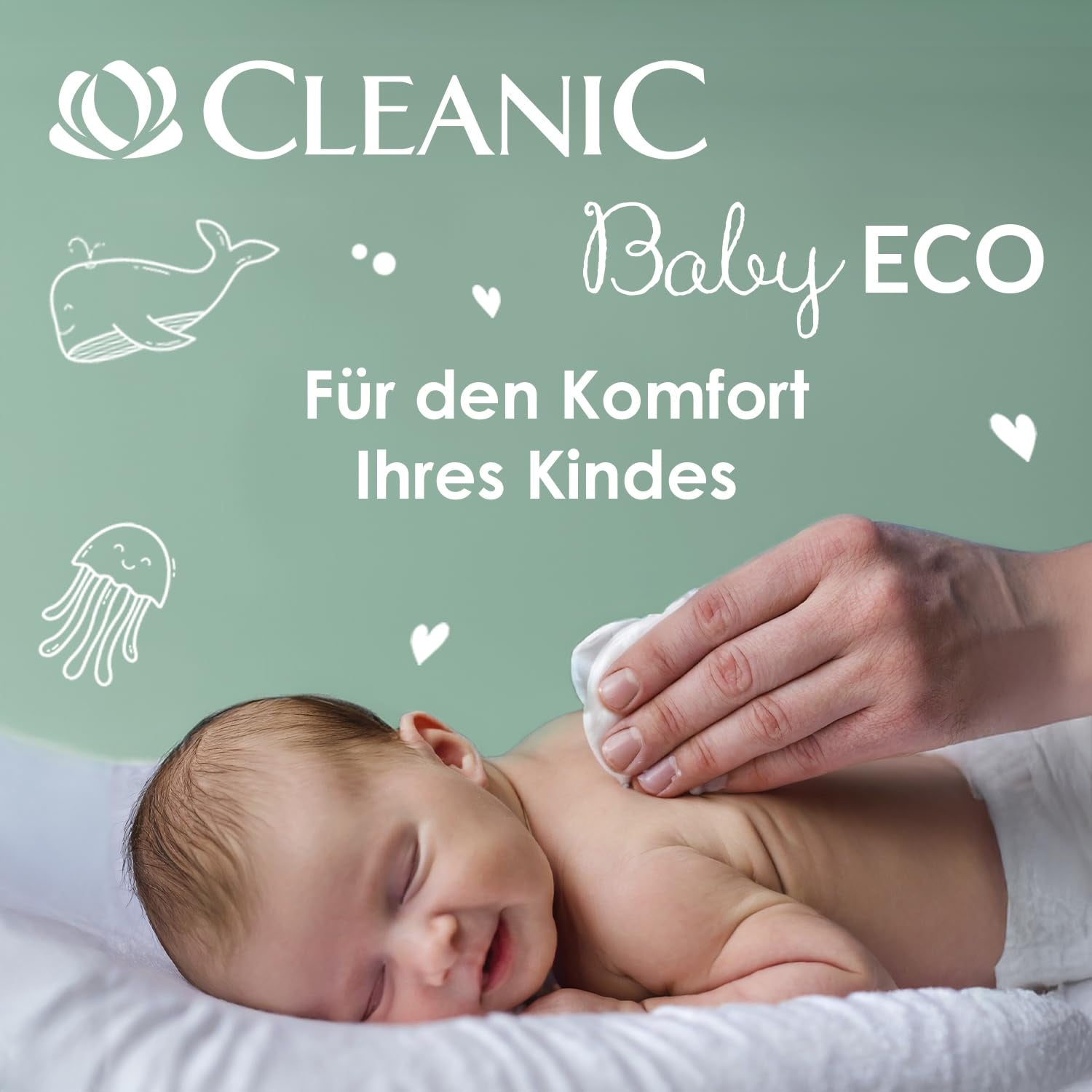 Cleanic Baby Eco Pure Water Wet Wipes – (1 x 50 st.) Våtservetter för barn och spädbarn – parfymfri, sköljbar, känslig hud – 50 st.