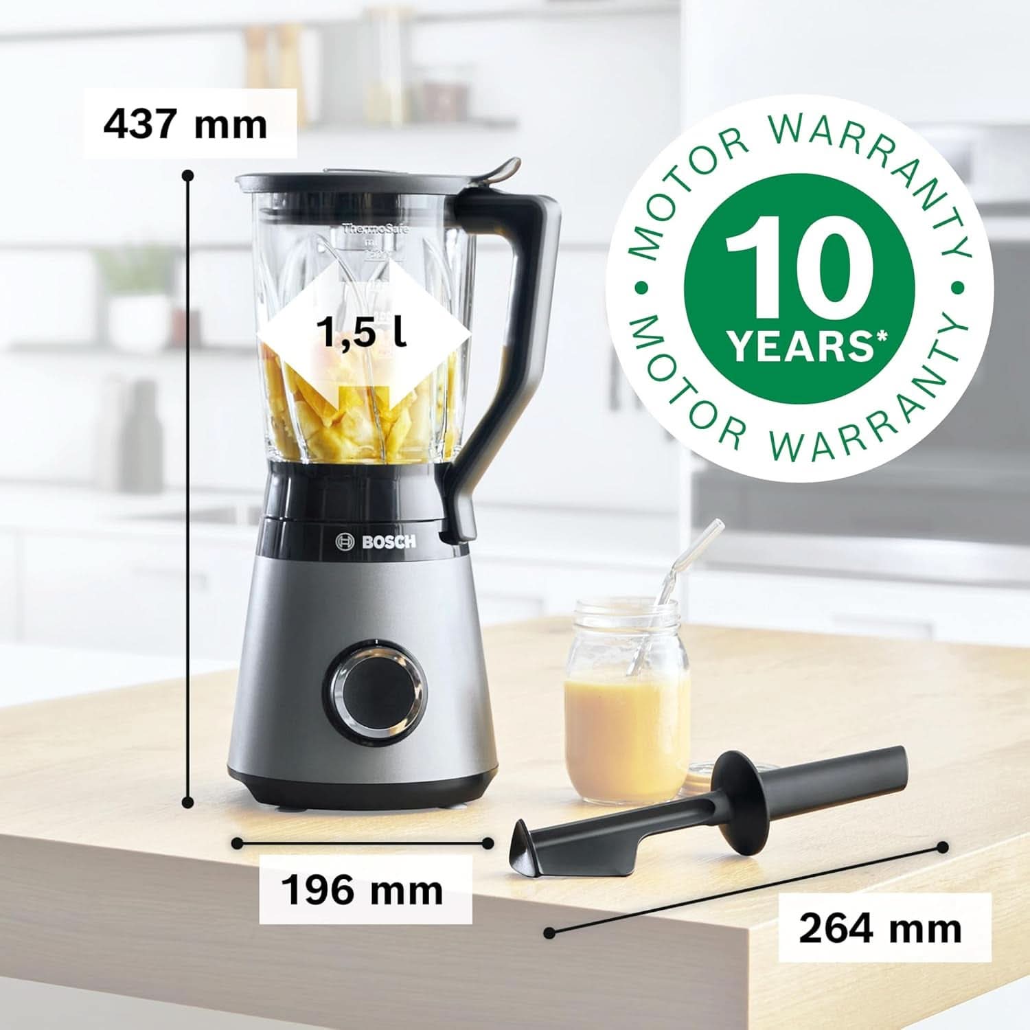 Bosch Standmixer Vitapower Serie 4 MMB6172SN, Verbesserte Version, 10 Jahre Motorgarantie, Edelstahl-Klingen, 1,5L Glasbehälter, Spülmaschinenfeste Teile, 30 000 U/Min, 1200 W, Silver Kitchen Naty Shop