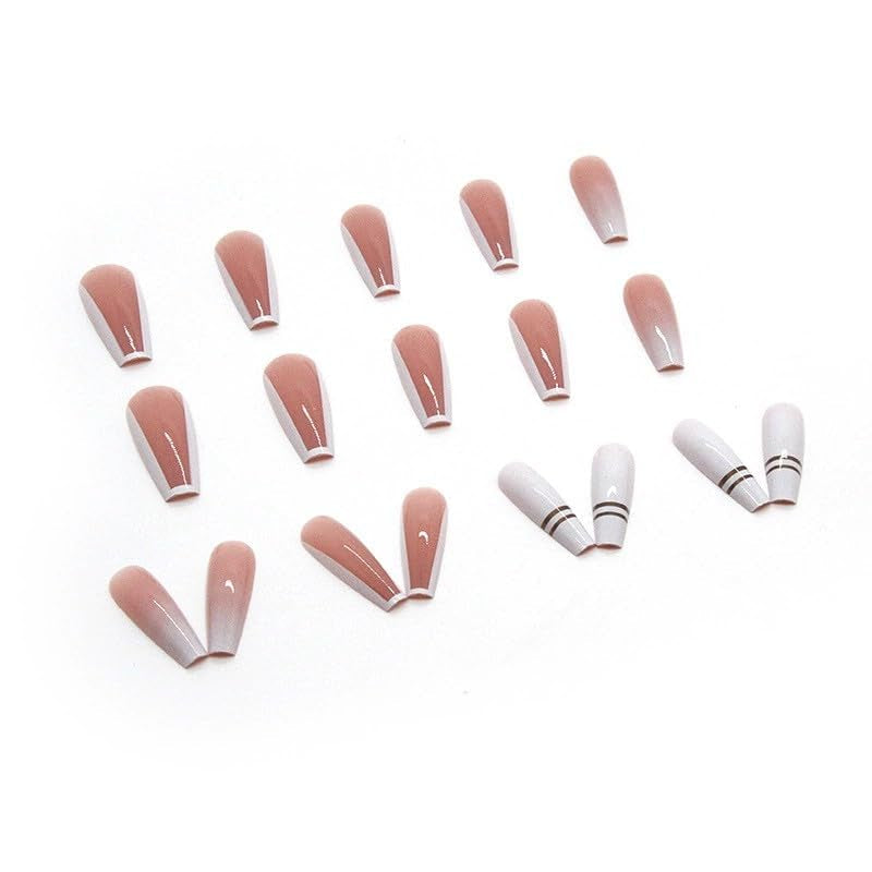 24 st French Press On Long Nails Kista Vita konstgjorda naglar Ombre Pink Naken Adhesive Nails Akryl Nagelset Nageltips För Kvinnor Vår Sommar Nageltillbehör