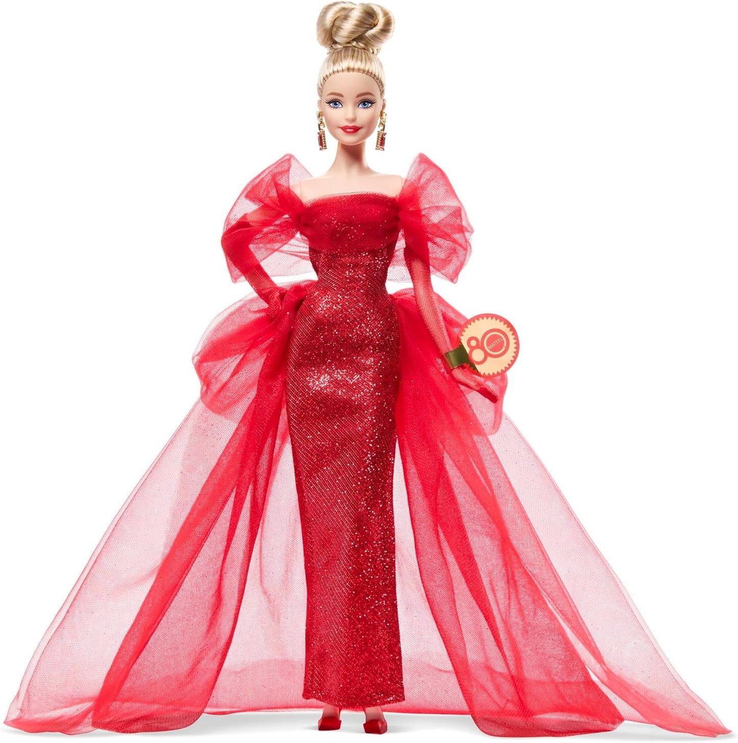 Barbie signaturdocka 80-årsjubileum Mattel samlarfigur i gnistrande röd tyllklänning med droppvis örhängen och ömtåliga handskar Blont hår JBJ17