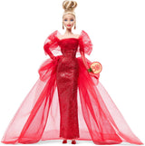 Barbie signaturdocka 80-årsjubileum Mattel samlarfigur i gnistrande röd tyllklänning med droppvis örhängen och ömtåliga handskar Blont hår JBJ17
