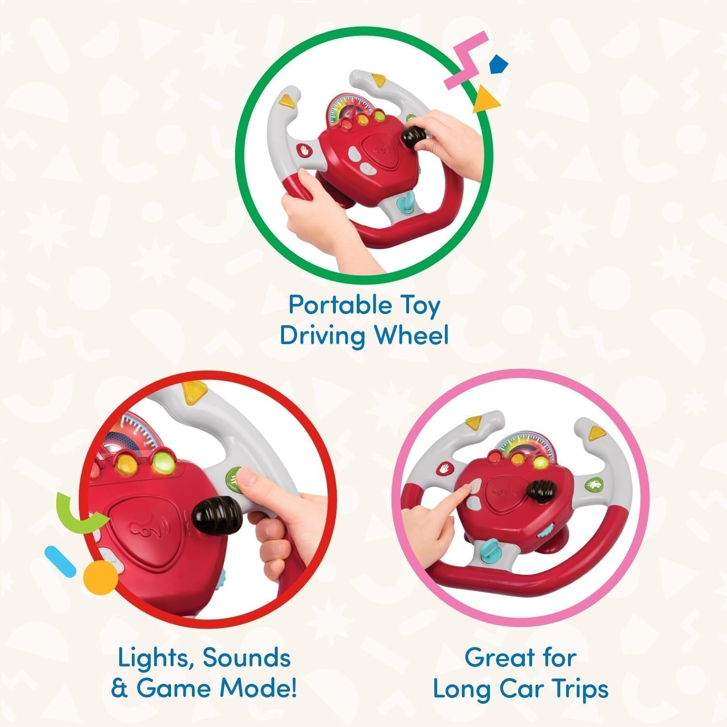 Plast Battat, BT2525Z interaktiv rattleksak Även för resor och bilturer med ljus och ljud för barn från 2 år och uppåt, röd, kompatibel med bilar Bebe Toys Naty Shop
