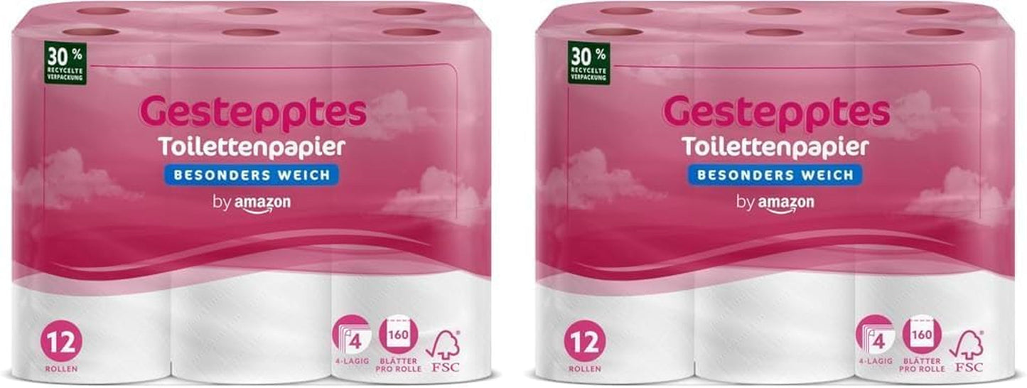 By Amazon toalettpapper, 4-lagers vadderat, extra mjukt, 48 rullar (12 rullar, paket med 4), 160 ark per rulle, Fsc-certifierad