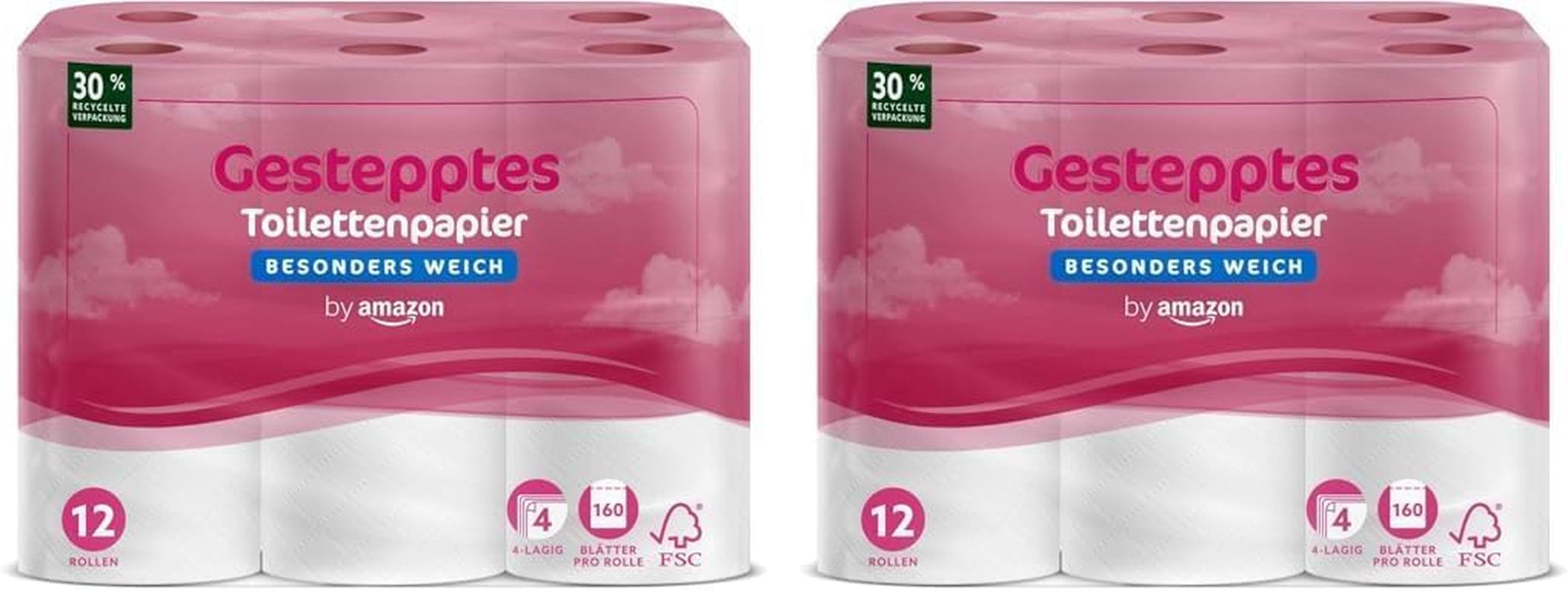By Amazon toalettpapper, 4-lagers vadderat, extra mjukt, 48 rullar (12 rullar, paket med 4), 160 ark per rulle, Fsc-certifierad