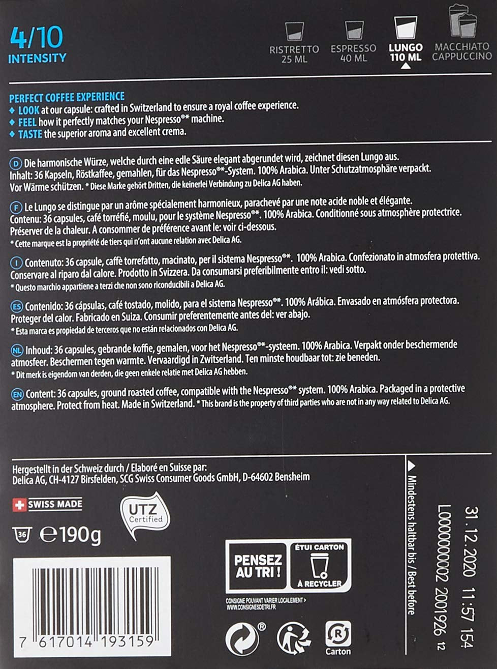 Café Royal Dark Chocolate Flavored 100 Kapseln für Nespresso Kaffee Maschine - 4/10 Intensität - UTZ-zertifiziert, aus Aluminium & Lungo 36 Kapseln für Nespresso Kaffee Maschine - 4/10 Intensität