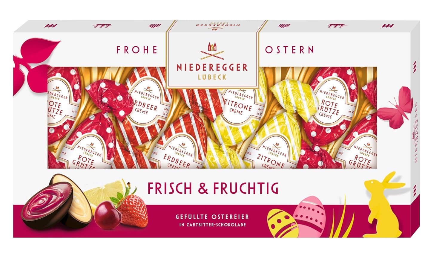 Niederegger | Chokladägg | Färsk och fruktig | 1 x 100g | Ägg fyllda med smaker av citron, jordgubbar och röda bärkräm | Täckt med mörk choklad | Påskägg | påskgåva