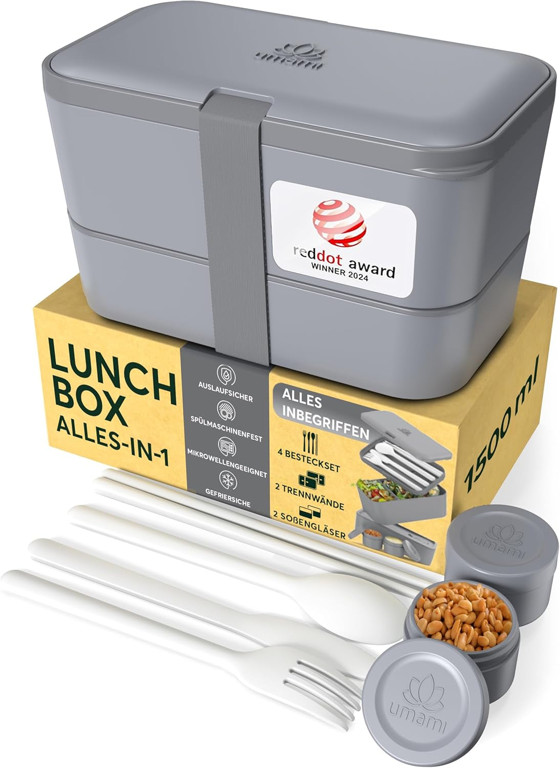 Umami Lunchbox för vuxna, 4 bestick och fack förslutbar Bento Box, Vuxen Lunch Box, To-go salladsbehållare, Picknick / Office Lunch Box, Kolgrå, 1500ml Naty Shop Matförvaringsboxar Charcoal Grey L - 1500ml Stapelbara inuti varandra