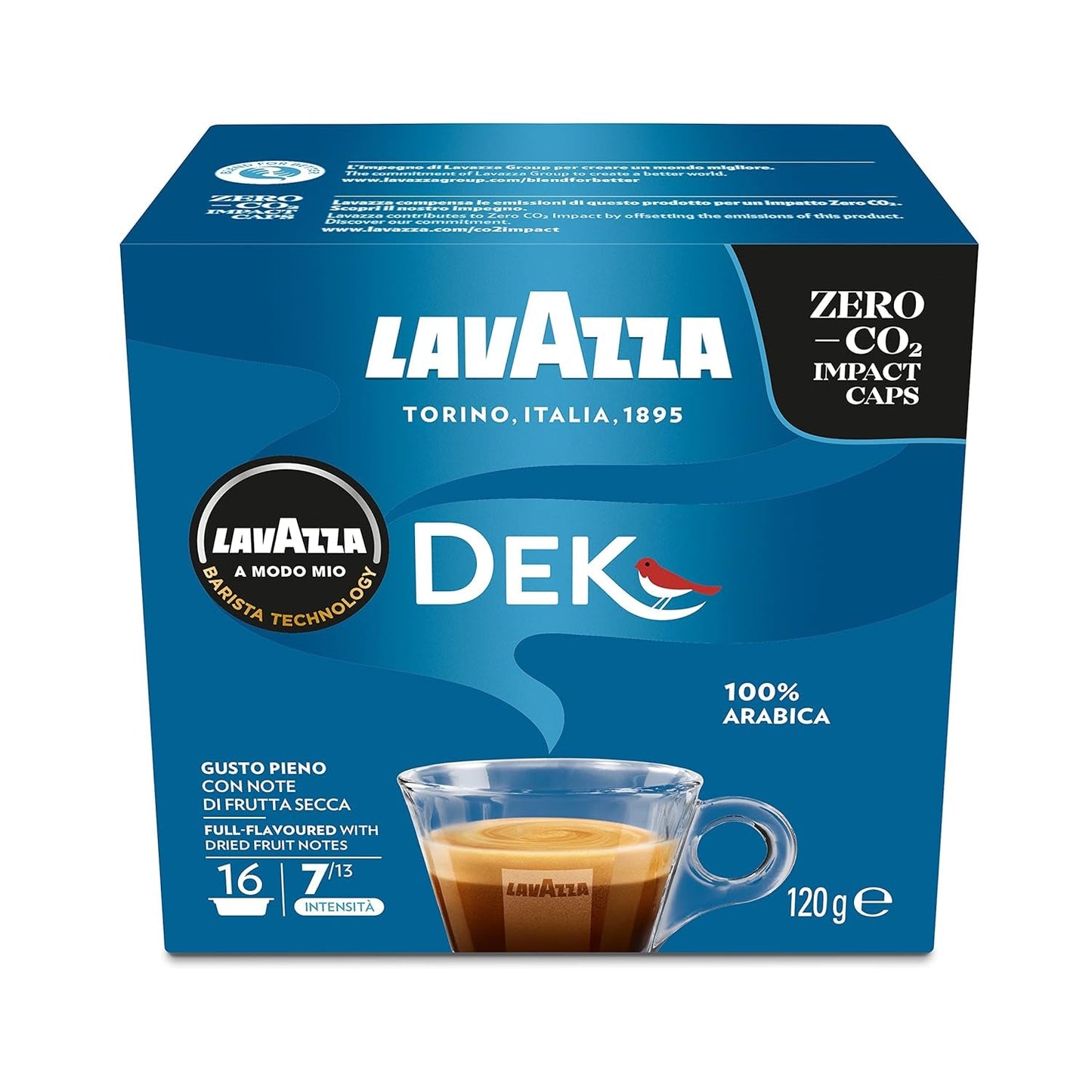 Lavazza A Modo Mio Dek Cremoso, 256 kaffekapslar, för koffeinfri espresso med aromatiska toner av mandel och canditis, 100% Arabica, intensitet 7/13, medelrostad, 16 förpackningar