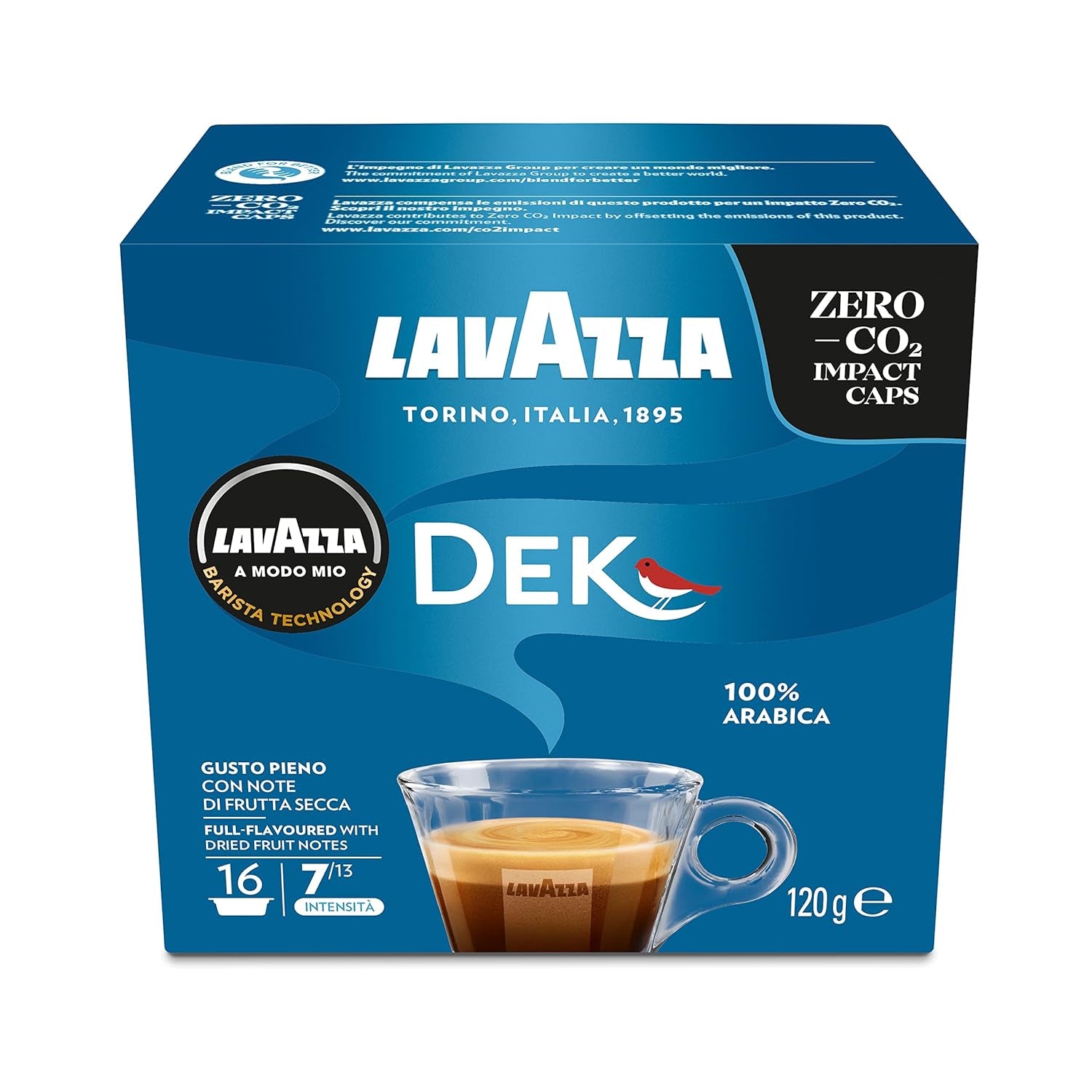 Lavazza A Modo Mio Dek Cremoso, 256 kaffekapslar, för koffeinfri espresso med aromatiska toner av mandel och canditis, 100% Arabica, intensitet 7/13, medelrostad, 16 förpackningar