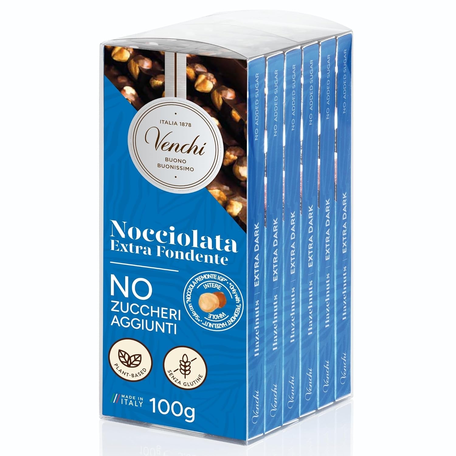 Venchi - Paket med 6 mörka chokladkakor med hasselnötter, 600g - Inget tillsatt socker - Inga konstgjorda sötningsmedel - Glutenfri - Vegansk - Presentidé