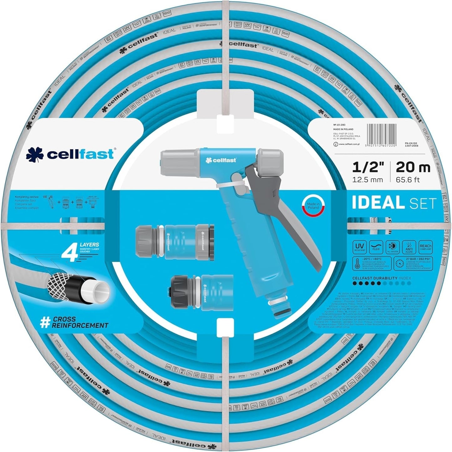 Cellfast Ideal trädgårdsslangset, robust, flexibel, 4-lagers, sprinkler, UV- och algbeständig, Reach-teknik, 27 bar, -20/+60° kortsiktigt, 1/2 tum, 20 m